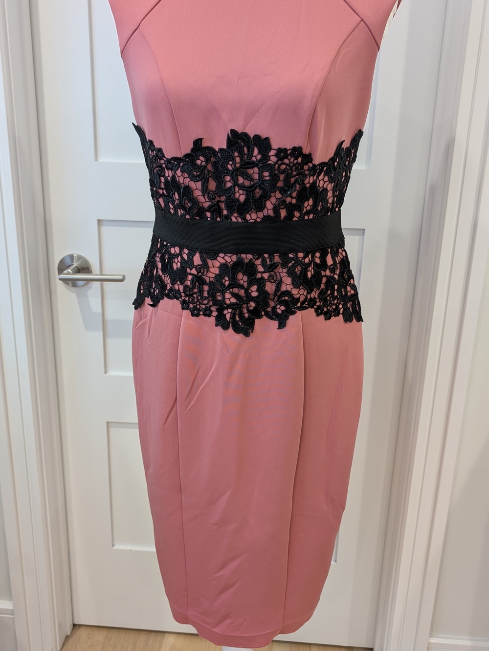 New York & Company Pink Midi Dress with Black Lace Waistband